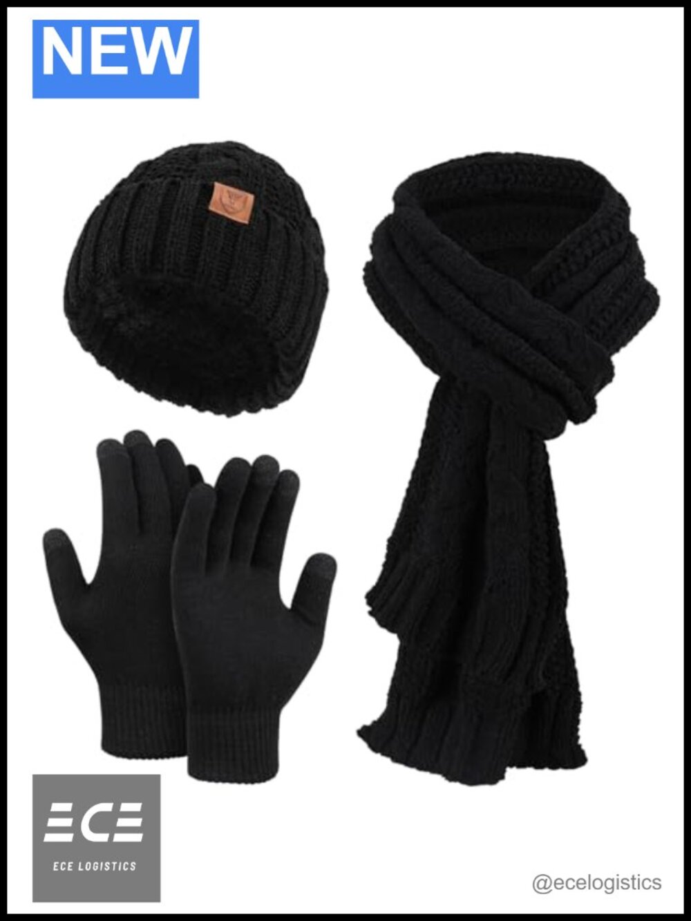 Warm Knit Acrylic Beanie Scarf Gloves Set Fleece Lined Touchscreen